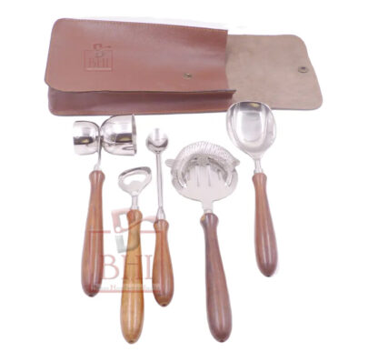 Stainless Steel Bar Cutlery Set with Brown Wooden Handles with Leather Pouch Bag - 1 Set of 5 PCS #3832 - Image 3