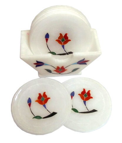 White Marble Stone Sangemarmar Coasters - Set of 6 Marble Coasters for Dining Table - White Marble Tea Coaster with Stand - Home Decor and Kitchen Accessories (Stand Coaster Set)  100mm #2392 - Image 4