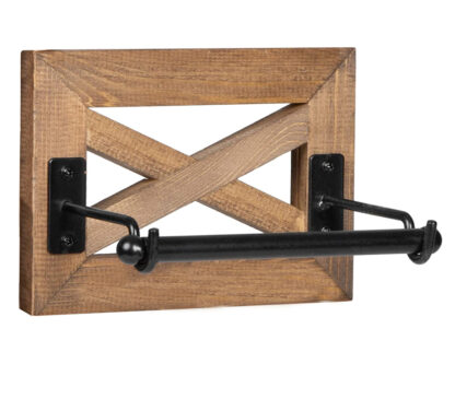 Iron Wood Farmhouse Toilet Paper Holder for Bathroom - Rustic Wood and Black Finish Wall Mount Toilet Roll Holder 175mm # 6328