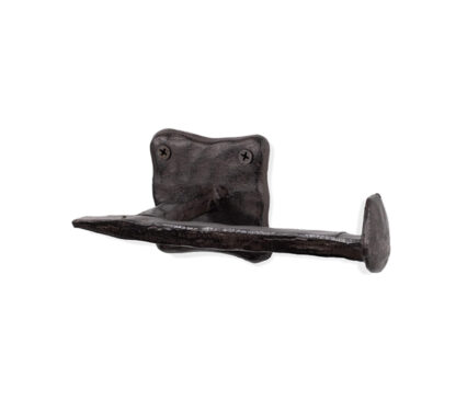 Rustic State Motris Railroad Spike Hand Forged Iron Toilet Paper Holder Wrought Iron Forged Metal Toilet Roll Holder for Bathroom Toilet Wall Mount Handmade Bathroom Lavatory Toilet Paper Holder Wall Mount Black Finish 165mm # 5007