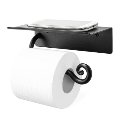 Wrought Iron Self Adhesive Toilet Paper Holder with Phone Shelf, Screw-in Wall Mounted Toilet Paper Roll Holder, Rustproof Bathroom Washroom Tissue Roll Holder with Shelf, Toilet Paper Roll Dispenser-Handcrafted Rustic Wrought Iron Wall Decor Toilet Roll Holder Black Finish  # 6339