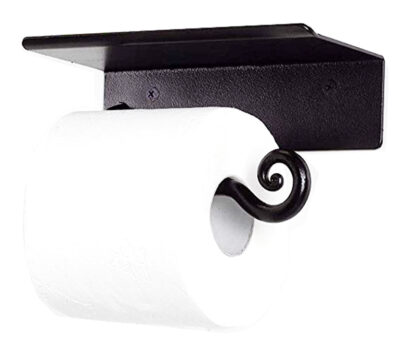 Wrought Iron Self Adhesive Toilet Paper Holder with Phone Shelf, Screw-in Wall Mounted Toilet Paper Roll Holder, Rustproof Bathroom Washroom Tissue Roll Holder with Shelf, Toilet Paper Roll Dispenser-Handcrafted Rustic Wrought Iron Wall Decor Toilet Roll Holder Black Finish  # 6339 - Image 4