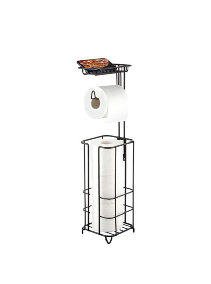 Wrought Iron Pedestal Toilet Paper Holder with Shelf Storage, Free Standing Bathroom Toilet Tissue Paper Roll Holder with Shelf Mobile Phone Wipe Rolls, Black #5018