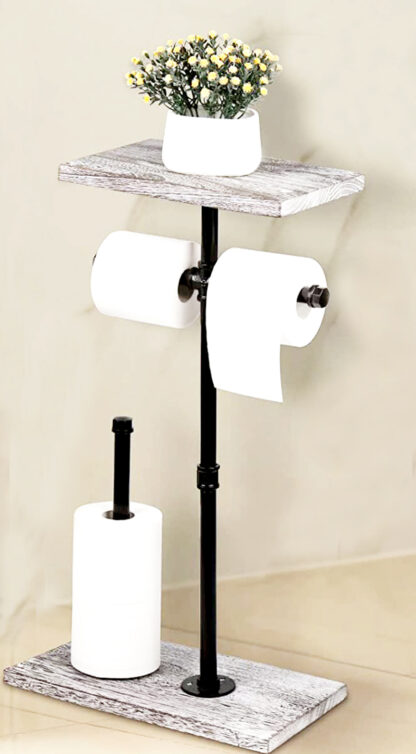 Cast Iron Metal Pedestal Toilet Paper Holder with Shelf Storage, Free Standing Bathroom Toilet Tissue Paper Roll Holder with Shelf Mobile Phone Wipe Rolls, Black Finish 650mm # 6330 - Image 3