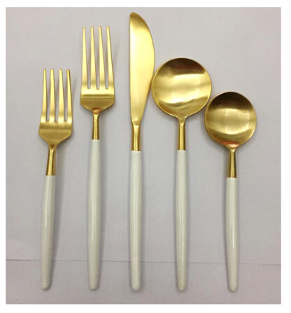 Brass 5 Pc Cutlery Set Of Spoon Knife Forks With Wooden Handles #6828