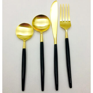 BRASS 4 PC SET OF SPOON FORK KNIFE WITH WOODEN HANDLES # 6830