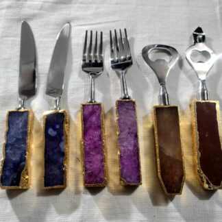 STEEL 6 PC CUTLERY BAR SET OF SPOON FORK & BOTTLE OPENERS WITH AGATE HANDLES # 6832