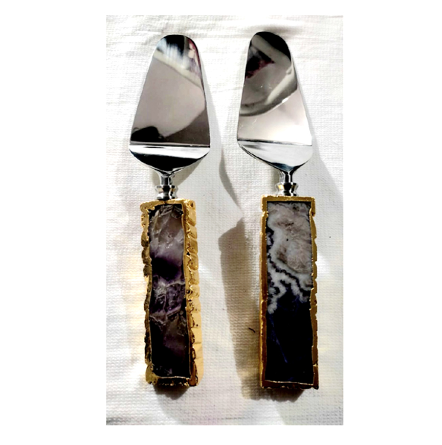 STEEL 2 PC SET OF CAKE SPATULA SPOON STUDDED WITH AGATE HANDLES # 6834