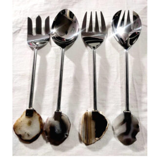 STEEL 4 PC SET OF SPOON & FORKS WITH AGATE HANDLE GRIPS # 6836