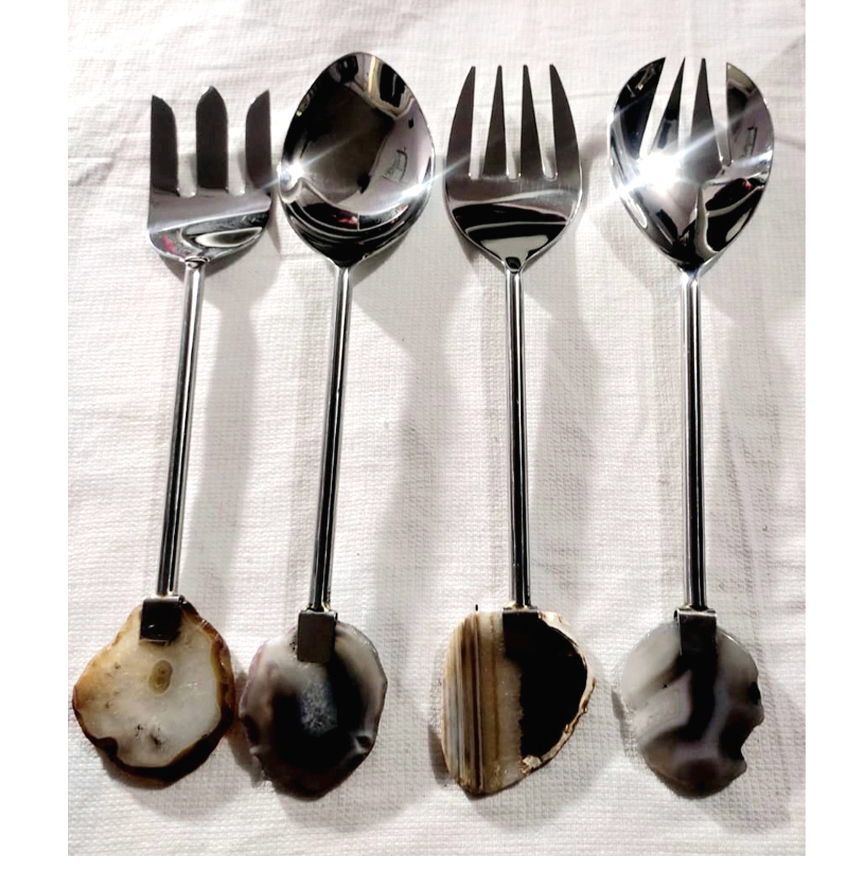 Steel 4 Pc Set Of Spoon & Forks With Agate Handle Grips #6836