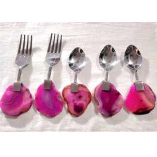 STEEL 6 PC SET OF SPOON & FORKS WITH AGATE HANDLES # 6838
