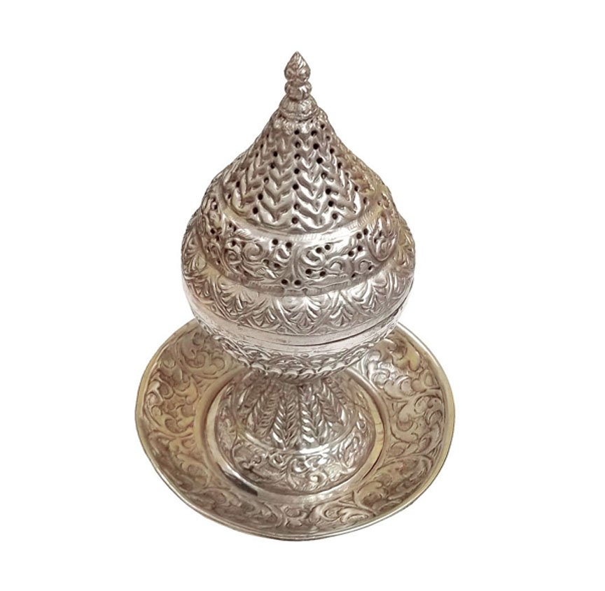 Brass Metal incense burner, also known as a censer or perfume burner Brass with Plate Authentic Handmade Brassr Incense Burner with stand Silver Antique incense burner on integral stand 240mm #9047