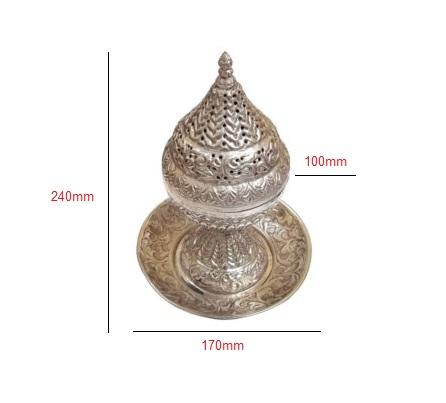 Brass Metal incense burner, also known as a censer or perfume burner Brass with Plate Authentic Handmade Brassr Incense Burner with stand Silver Antique incense burner on integral stand 240mm #9047 - Image 2