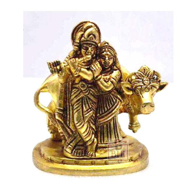 Brass Cow Radha Krishna Statue 90mm 7593 BrassHardwareIndia