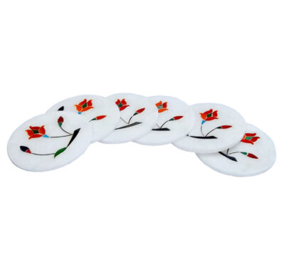 White Marble Stone Sangemarmar Coasters - Set of 6 Marble Coasters for Dining Table - Handcrafted Marble Round White Inlay Work Coaster with Holders Home Decor and Kitchen Accessories (Stand Coaster Set) 105mm Dia #9042 - Image 4
