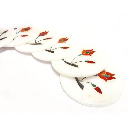 White Marble Stone Sangemarmar Coasters - Set of 6 Marble Coasters for Dining Table - Handcrafted Marble Round White Inlay Work Coaster with Holders Home Decor and Kitchen Accessories (Stand Coaster Set) 105mm Dia #9042 - Image 5