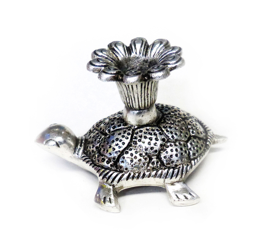 Silver Tortoise Candle Stand featuring a tortoise figure, typically made of metal (like oxidized white metal or silver-plated metal), with a holder on its back designed to hold a candle or diya 75mm #9077