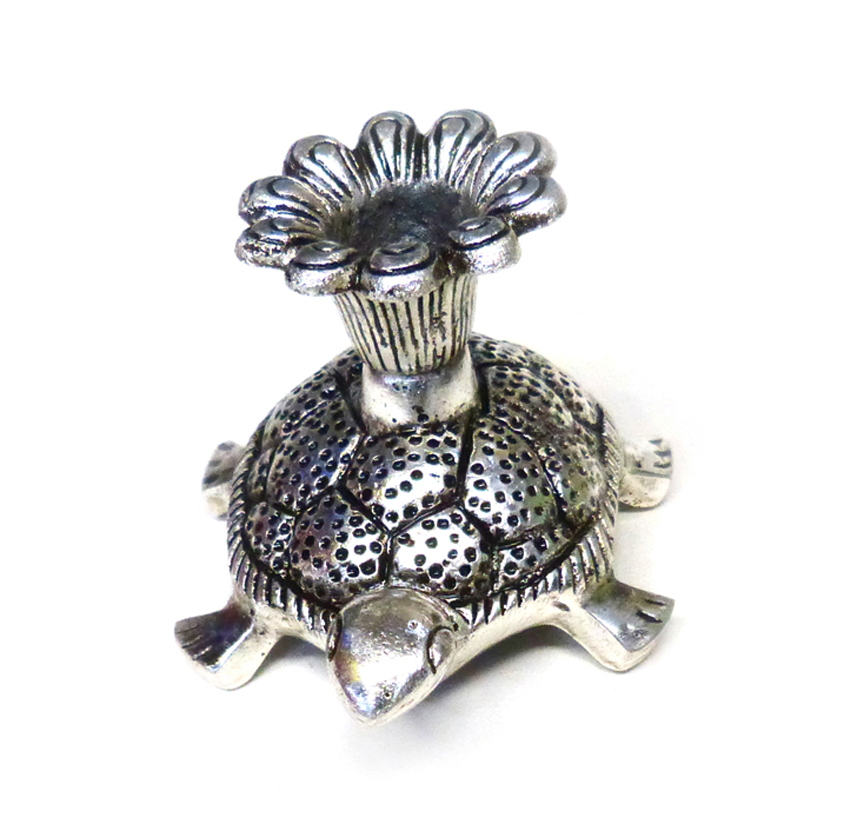 Silver Tortoise Candle Stand featuring a tortoise figure, typically made of metal (like oxidized white metal or silver-plated metal), with a holder on its back designed to hold a candle or diya 75mm #9077 - Image 2
