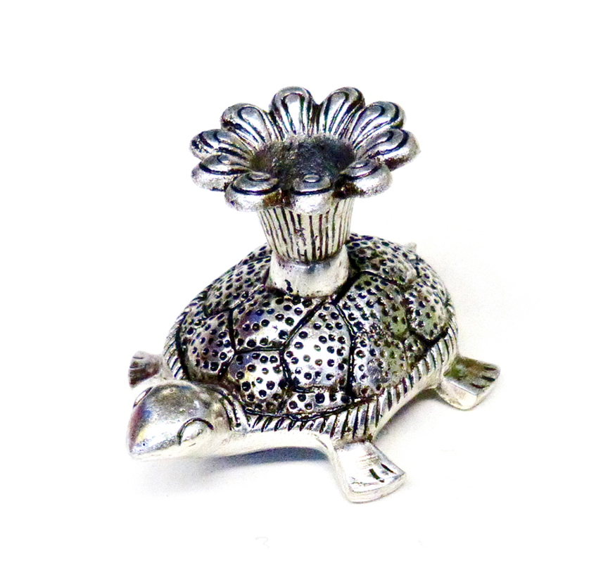 Silver Tortoise Candle Stand featuring a tortoise figure, typically made of metal (like oxidized white metal or silver-plated metal), with a holder on its back designed to hold a candle or diya 75mm #9077 - Image 3