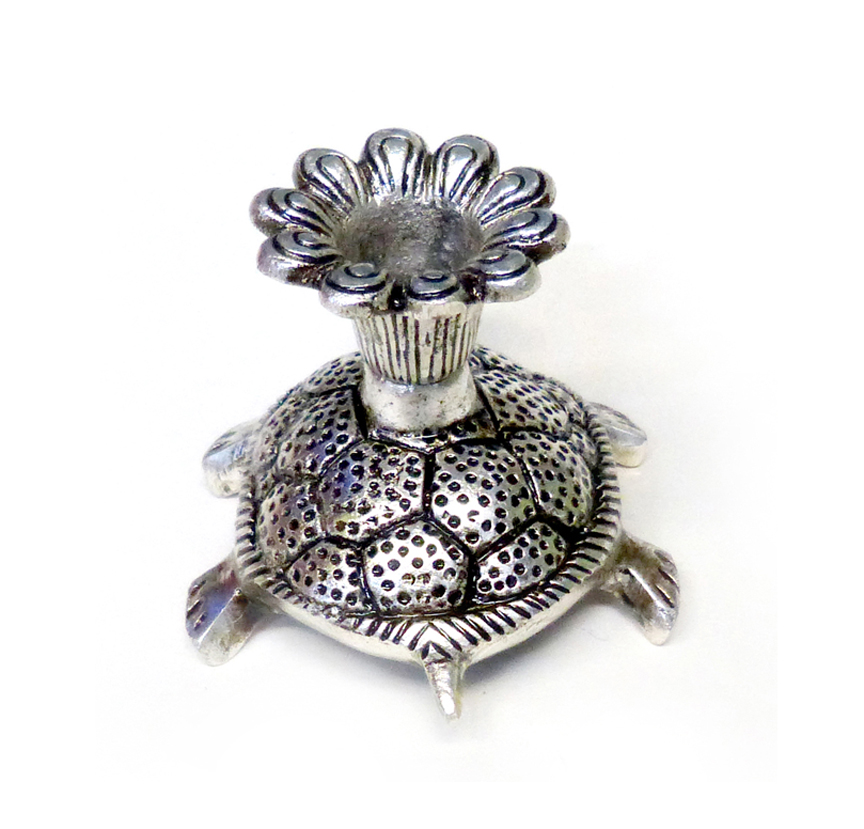 Silver Tortoise Candle Stand featuring a tortoise figure, typically made of metal (like oxidized white metal or silver-plated metal), with a holder on its back designed to hold a candle or diya 75mm #9077 - Image 4