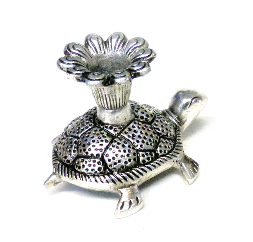 Silver Tortoise Candle Stand featuring a tortoise figure, typically made of metal (like oxidized white metal or silver-plated metal), with a holder on its back designed to hold a candle or diya 75mm #9077 - Image 5