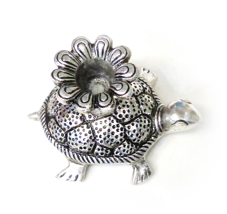 Silver Tortoise Candle Stand featuring a tortoise figure, typically made of metal (like oxidized white metal or silver-plated metal), with a holder on its back designed to hold a candle or diya 75mm #9077 - Image 6