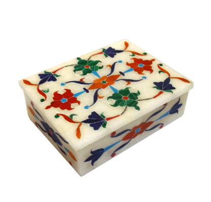 White Marble Stone Sangemarmar jewellery box Inlay work with Colored Box-Rectangle 105mm #8906 - Image 2