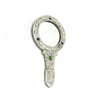Brass Decorative Round Hand Held Mirror Vintage Carving Silver Polished Handmade Style Vanity Hand Held Mirror Modern Round Metal Silver Plated Hand Mirror For Gifting, For Professional 125mm #2783