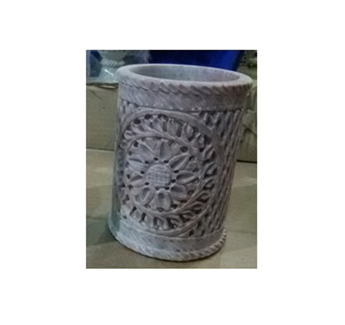 Natural Marble Soft Stone Sangemarmar Made Floral Carved Pen Holder/Candle Holder/Tea Light Holder 100mm #8899