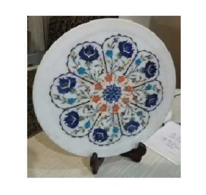 White Marble Stone Sangemarmar Inlay Work with Coloured Stone Exclusive Decorative Marble inlay plate perfect for Home, office and Gifts 300mm #8940