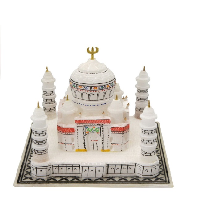 White Marble Stone Sangemamar Inlay Work with Coloured Stone Handmade Agra Taj Mahal Reconstructed Model for Home Decoration and Gifting 100mm #8949