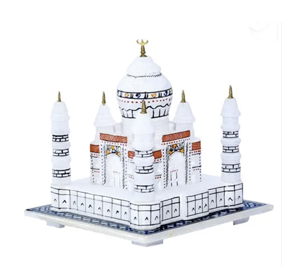 White Marble Stone Sangemamar Inlay Work with Coloured Stone Handmade Agra Taj Mahal Reconstructed Model for Home Decoration and Gifting 100mm #8949 - Image 3
