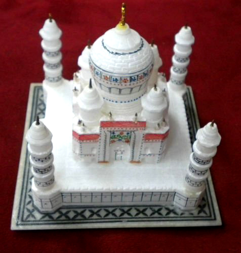 White Marble Stone Sangemamar Inlay Work with Coloured Stone Handmade Agra Taj Mahal Reconstructed Model for Home Decoration and Gifting 100mm #8949 - Image 4