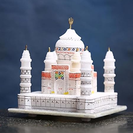 White Marble Stone Sangemamar Inlay Work with Coloured Stone Handmade Agra Taj Mahal Reconstructed Model for Home Decoration and Gifting 100mm #8949 - Image 5