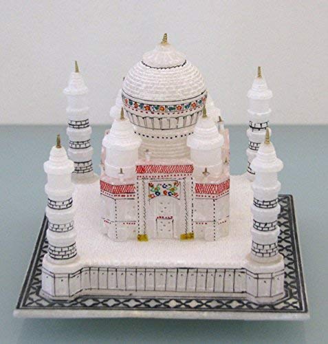 White Marble Stone Sangemamar Inlay Work with Coloured Stone Handmade Agra Taj Mahal Reconstructed Model for Home Decoration and Gifting 100mm #8949 - Image 6