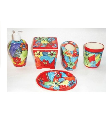 Ceramic Bathroom set, typically including a soap dispenser, a toothbrush holder, a soap dish, a tumbler, and a container for cotton swabs or other small items #9026
