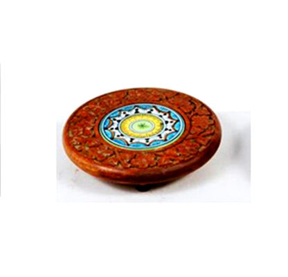 Wood and Ceramic Burner Incense Burning Incense sticks or cones the design features a carved wooden base with a colourful, decorative ceramic or enamel inlay in the centre #9156