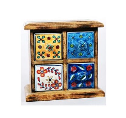 Wooden Chest ceramic drawers Jewellery Storage/Desk Organizer/wooden table top chest/kitchen counter top for spices and tea bags/jewellery organiser/Diwali gift. (17x9x17) cm Diwali Gift Hand Painted Wooden Chest with 4 Ceramic Box Multipurpose Storage Organiser #9094