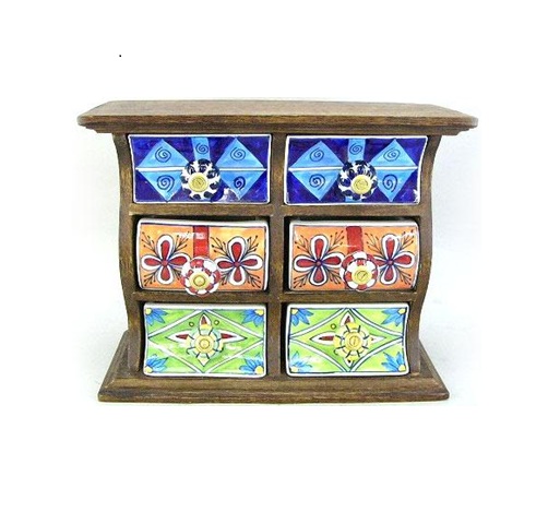 Wooden Mini Chest ceramic drawers Jewellery Storage/Desk Organizer/wooden table top chest/kitchen counter top for spices and tea bags/jewellery organiser/Diwali gift Wooden Chest with Ceramic Drawers, Antique Rajasthani Design Handcrafted Unique Table Decor Showpiece, Embossed Painted Glossy Box Used for Home Spices Gift 330mm #9097