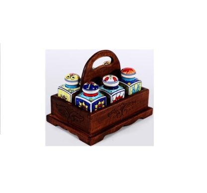 Ceramic Container with Wood Stand It features four ceramic containers with colourful, patterned lids, housed in a wooden stand #9153