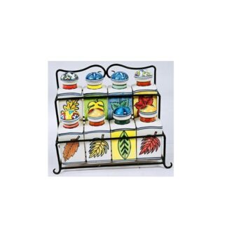 Exclusive Eight Ceramic Jars on a Metal Stand It features eight ceramic jars with lids, each decorated with a different fruit or leaf design, arranged on a black metal stand #9154