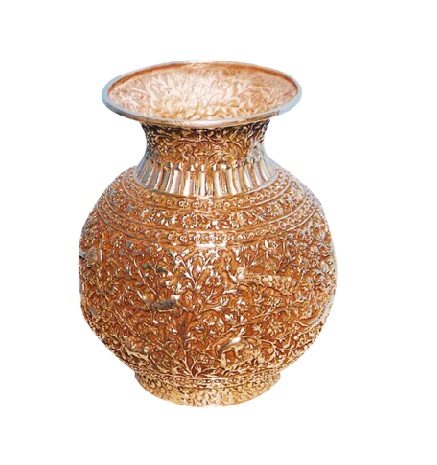Gold Coated Brass Pot, Handcrafted Design Engraved On It, Premium Pot For Special Occasions #9003