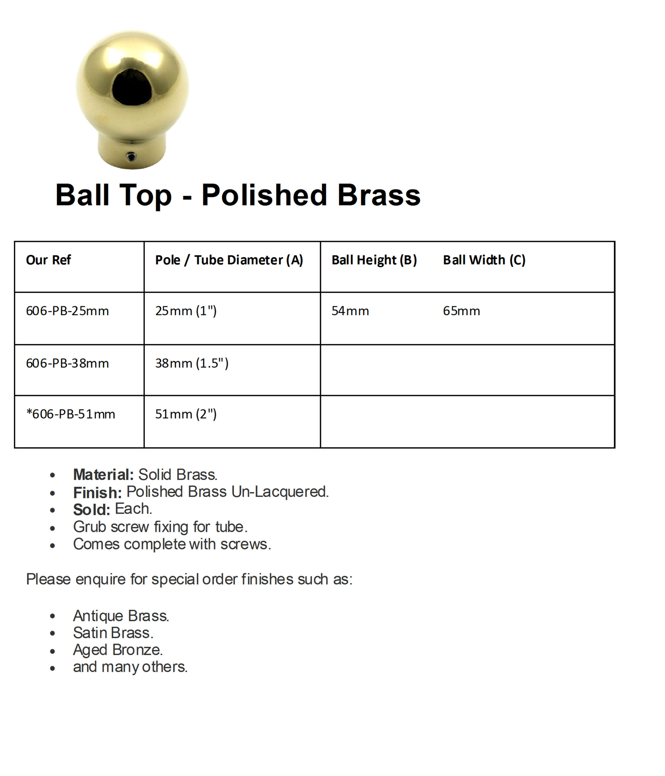 Brass Ball Top Polish Brass Finish 51mm Dia #9281 - Image 2